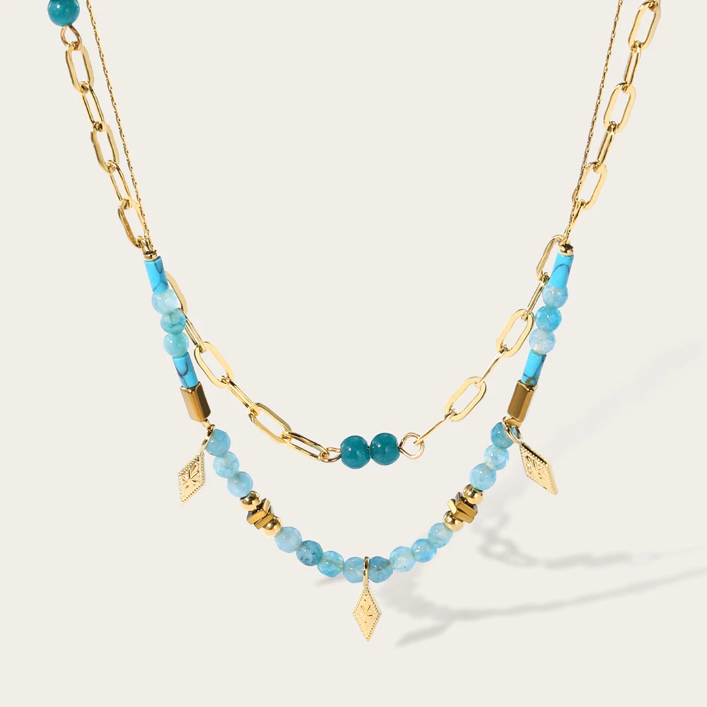 Collier double rang en acier inoxydable avec perles bleues | Orkira