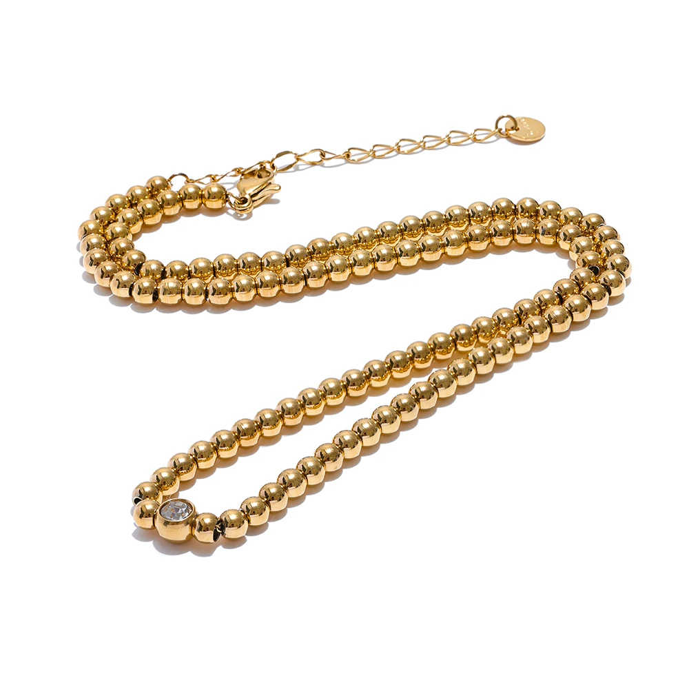 Collier chaîne en acier inoxydable avec perles rondes plaqué or 18K | Dara