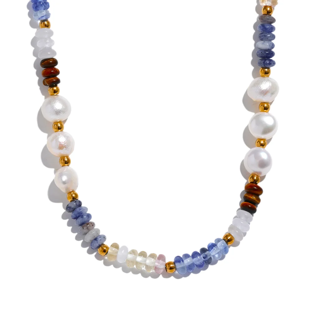 Collier en perles de pierre naturelle et de lapis-lazuli avec chaîne en acier inoxydable | Elie