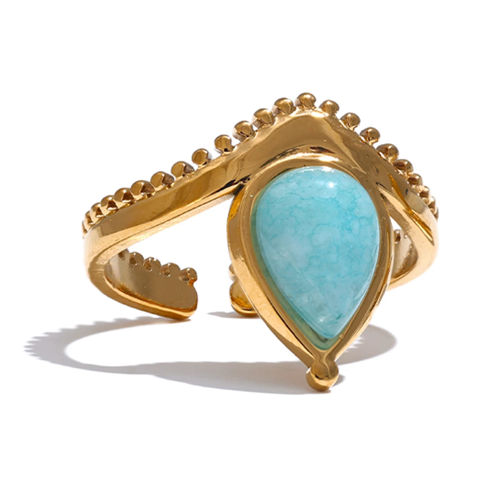 Bague ouverte en acier inoxydable avec pierre naturelle amazonite et coquillage | Nely