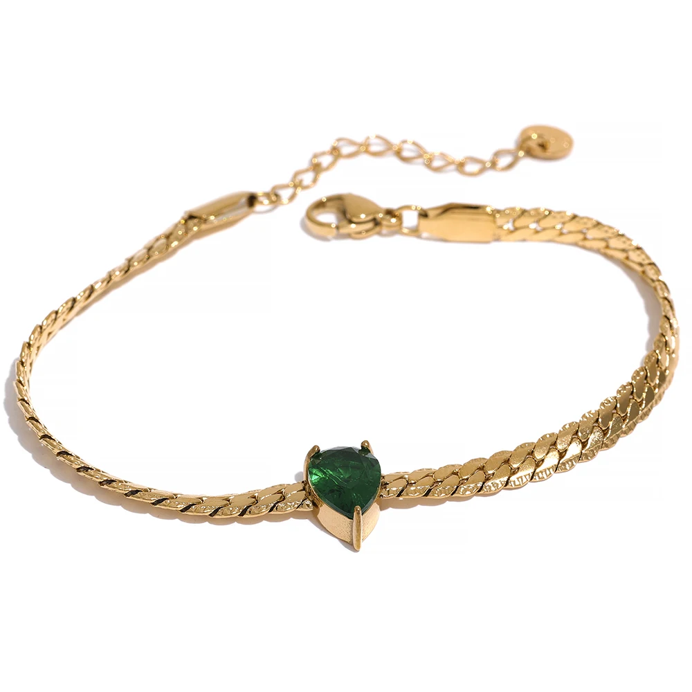 Bracelet en acier inoxydable plaqué or 18K avec zirconium cubique vert | Mira