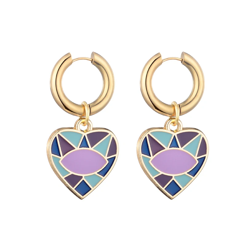 Boucles d'oreilles créoles en acier inoxydable avec pendentif cœur vert et violet | Sora