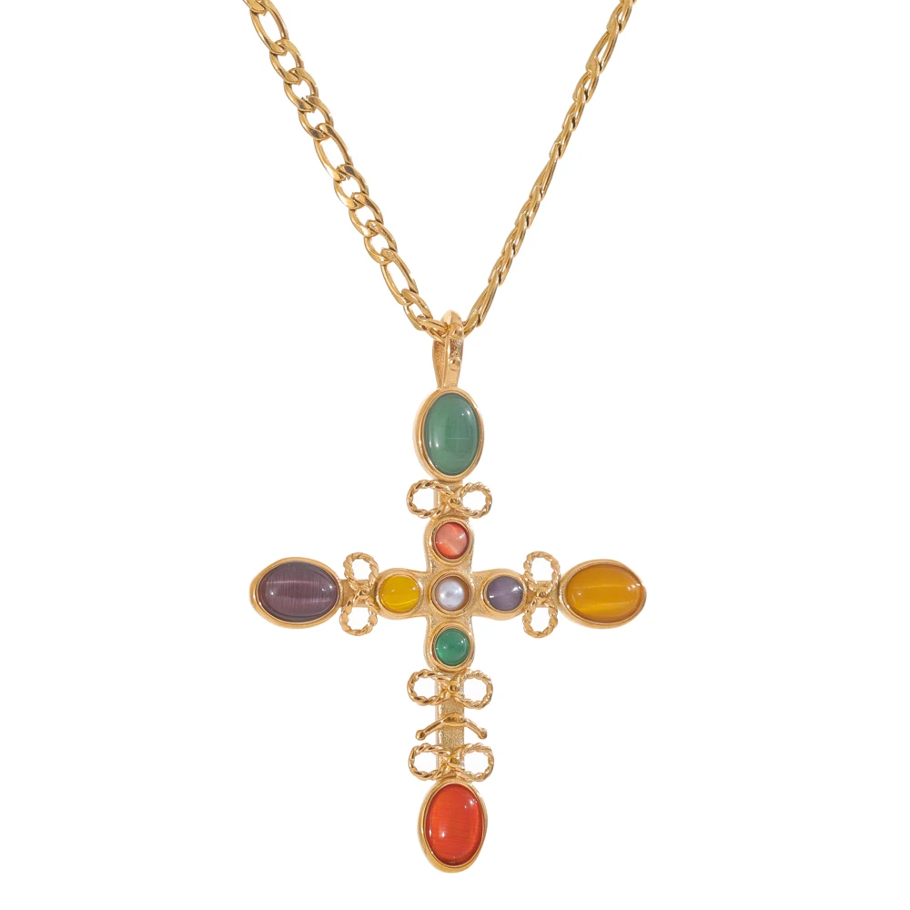 Collier pendentif croix en pierre naturelle dorée en acier inoxydable | Eily