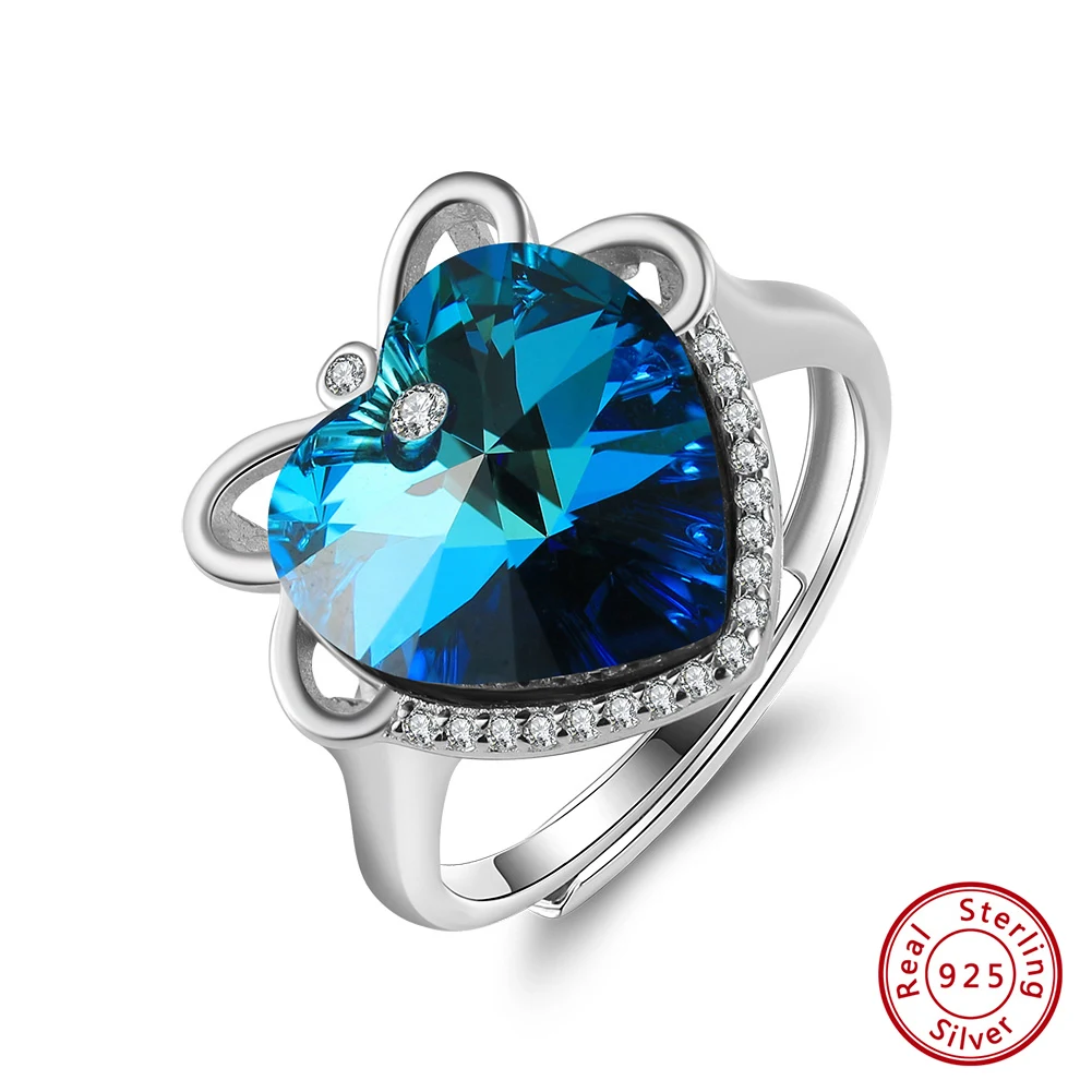 Bague en argent sterling 925 en forme de cœur avec cristal autrichien ajustable  | Tyra - 1