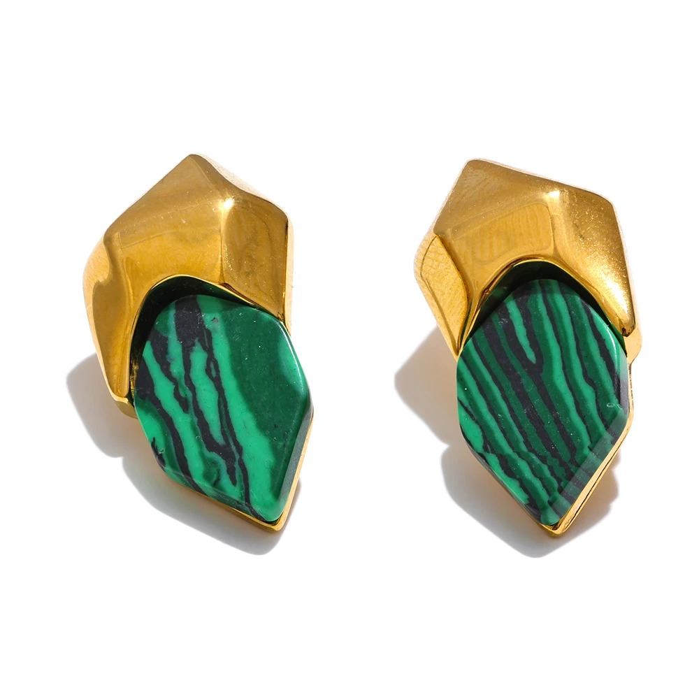 Boucles d'oreilles géométriques en acier inoxydable avec pierre de malachite verte | Olya