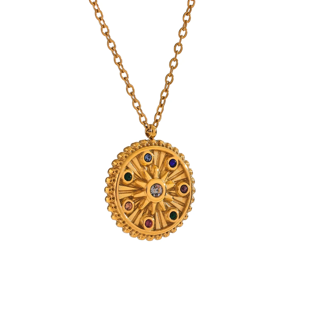 Collier pendentif rond étoile en zircon multicolore en acier inoxydable doré 18k. | Lyna