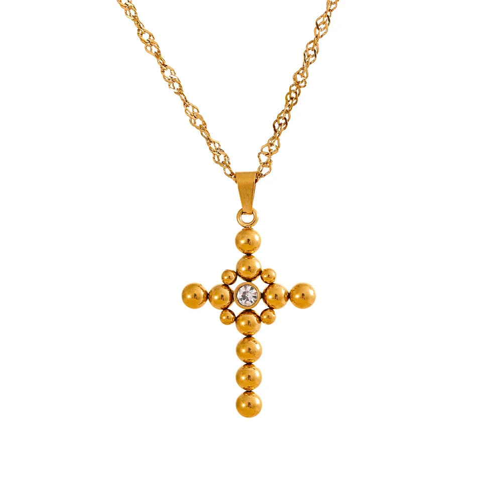 Collier unisexe pendentif croix perles rondes en acier inoxydable résistant à l'eau | Lia