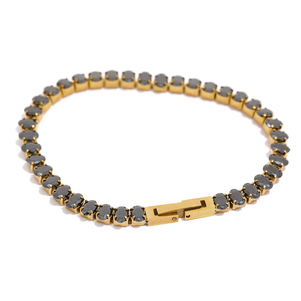 Bracelet en acier inoxydable avec zircon cubique noir  | Hana